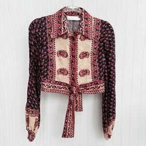 Zimmermann Jaya Cropped Tie Front Printed Linen Blouse Top Red Black Size 0 XS